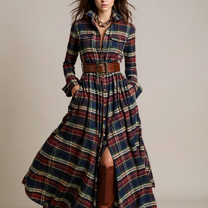 Giovanna | Abito Maxi a Quadri Retrò con Cintura