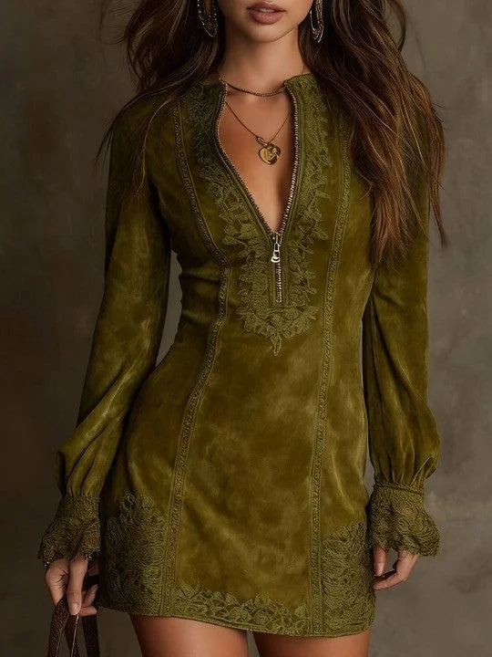 Giulia | Abito Mini Scamosciato con Pizzo