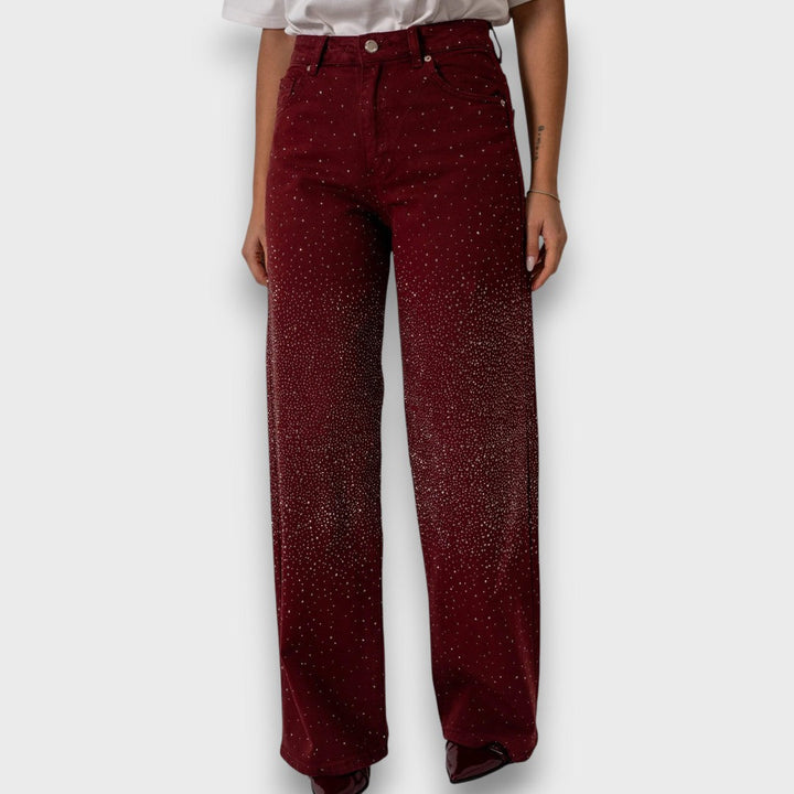Marvie – Jeans a gamba larga con strass color Bordeaux